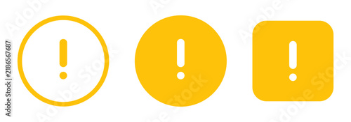 Warning icon set with yellow exclamation mark symbols in circular and rounded square designs. Alert icons for interface feedback, safety and notifications.