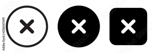 Close icon set with X and cancel symbols in circular and rounded square designs. Error and rejection icons for UI controls, validation and interface states.