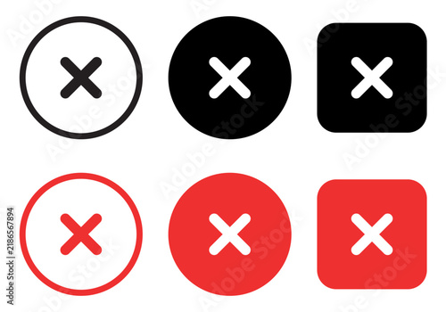 Error, Close icon set with X and cancel symbols in black and red circular and square designs. Error and rejection symbols for interface controls.