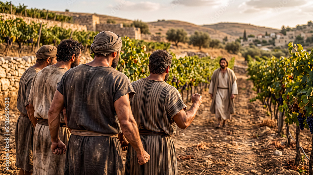 Obraz premium Group of angry vineyard workers staring toward the approaching son of the landowner entering the vineyard.