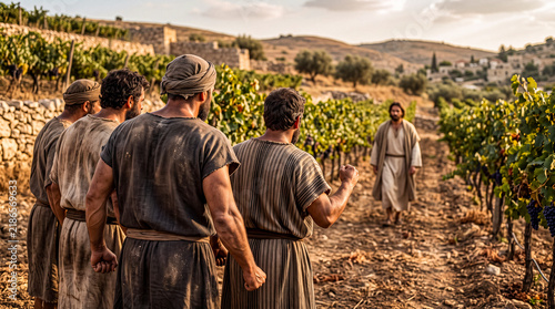 Group of angry vineyard workers staring toward the approaching son of the landowner entering the vineyard.