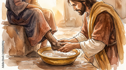 Watercolor illustration of Jesus Christ washing the feet of his disciples.