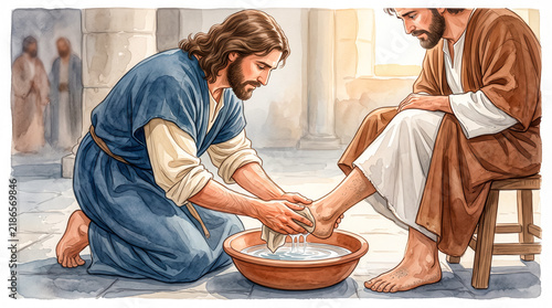 Watercolor illustration of Jesus Christ washing the feet of his disciples.