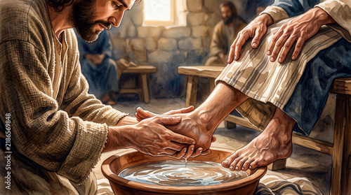 Watercolor illustration of Jesus Christ washing the feet of his disciples.