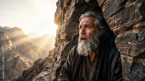 Moses standing in the cleft of a rocky mountain, looking in astonishment and awe as he beholds the passing glory of God.