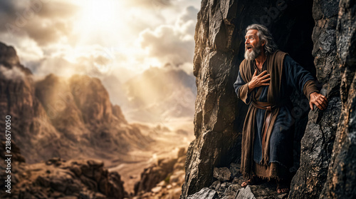 Moses standing in the cleft of a rocky mountain, looking in astonishment and awe as he beholds the passing glory of God.