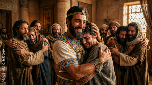 Joyful Joseph embracing his brothers.