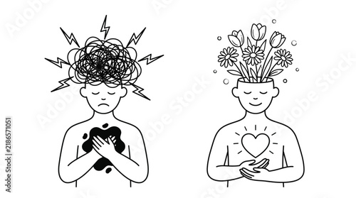 Expressive vector illustration comparing mental health states of chaos and anxiety against peaceful blooming flowers and inner heart serenity