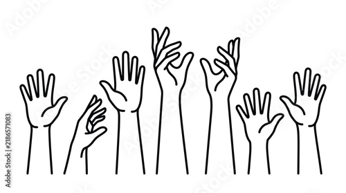 Multiple raised hands showing diverse gestures in a clean black and white minimalist line art style vector graphic illustration design