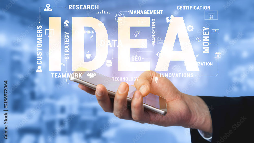 Obraz premium Business Concept with Focus on Idea Generation and Innovation Displayed on a Digital Device in a Modern Office Environment Haptic.