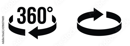 360 Degree Rotation Icon Set: A set of two black icons, one displaying 360° with circular arrows indicating rotation, and another simplified circular arrow symbol.