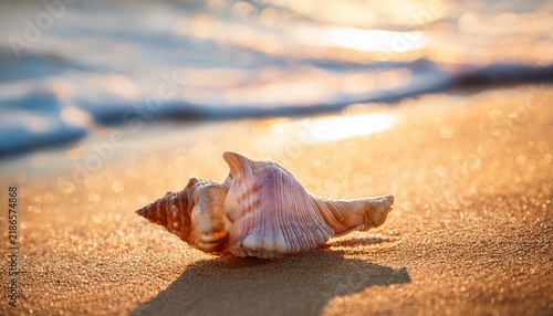 conch shell on tropical beach sand with shimmering waves and sunlight