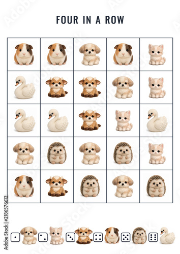  Four in a row cute dog picture game with puppy grid and dice symbols printable matching activity for children