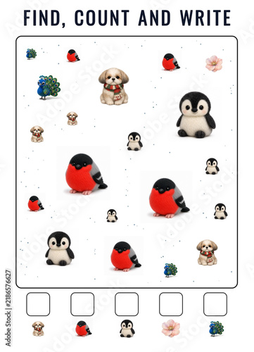 Cute winter animals I Spy find count and write puzzle with birds penguins dogs and small animal pictures for children