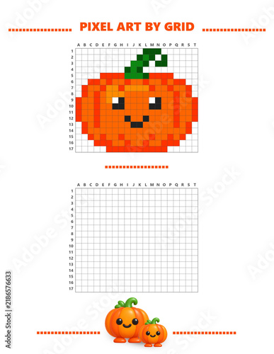 Cute pumpkin pixel art by grid drawing worksheet with autumn character and blank grid for copying the picture