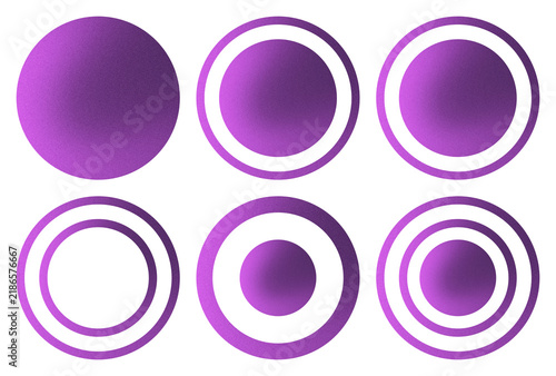 Set of six purple gradient circles and concentric ring shapes with soft grainy texture isolated on transparent background