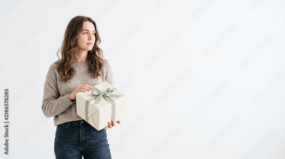 Fototapeta premium Young Woman Holding a Wrapped Gift Box with a Green Ribbon Against a White Background
