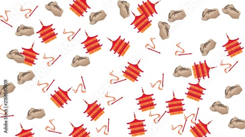 Seamless Pattern of Traditional Japanese Cultural Icons Like Pagoda and Geta