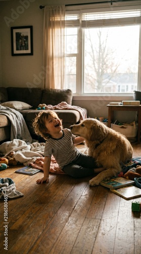  Child laughing while playing with pet dog on floor, candid shot