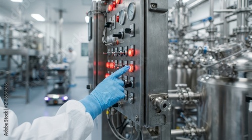 Gloved engineer touching industrial control cabinet beside sterile batching system with red indicator lamps and robotic cart in factory