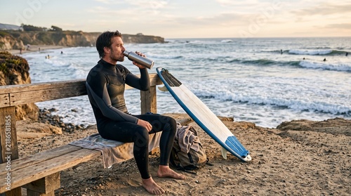 Surfer's Respite: A lone surfer, clad in a wetsuit, takes a moment to quench his thirst on a wooden bench overlooking the ocean, his surfboard resting beside him as gentle waves roll onto the shore.