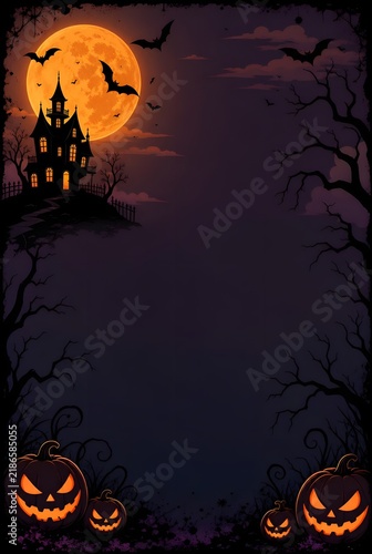 Haunted house silhouette with full moon and jack-o-lanterns for Halloween flyer