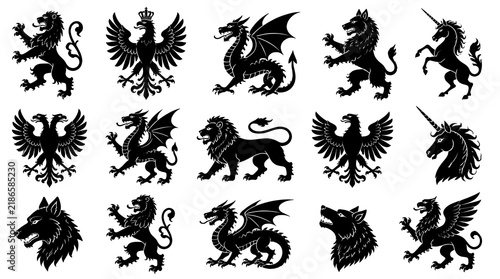 Collection of black heraldic animal silhouettes featuring lions eagles and dragons