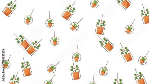 Minimalist seamless pattern of hanging potted plants on white background
