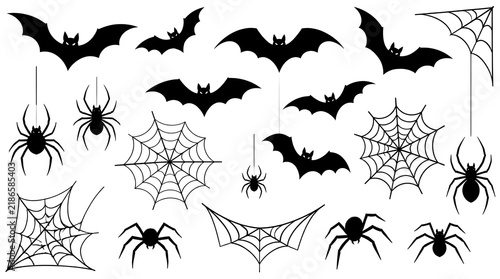 Collection of black Halloween silhouettes featuring various bats and spider webs