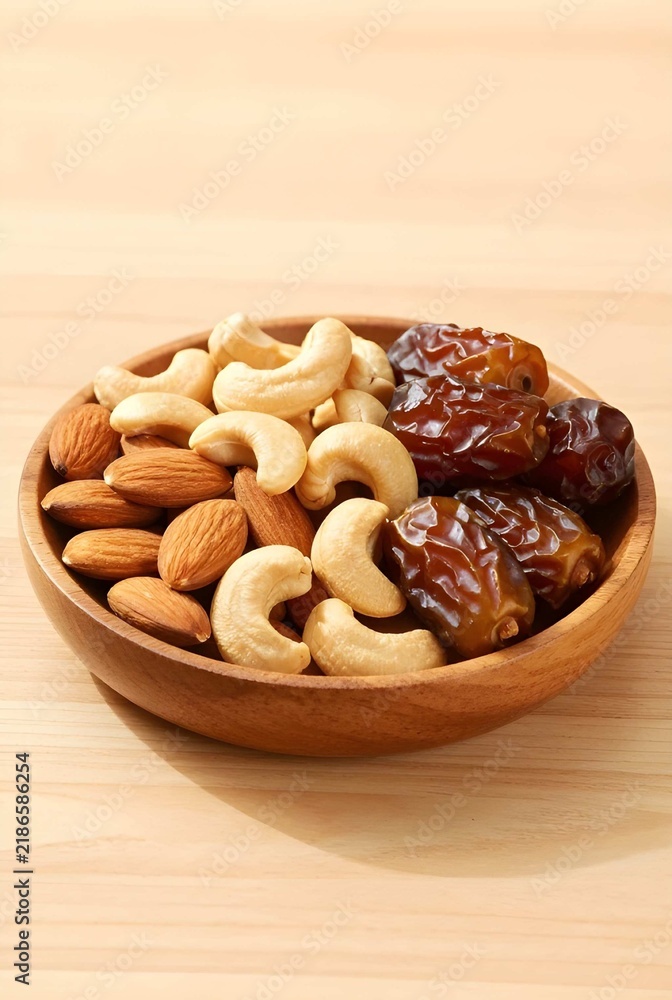 Fototapeta premium Wooden Bowl Filled with Assorted Dates, Almonds, Cashews, and Healthy Snacks