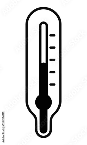 Minimalist black and white line art icon of a medical thermometer with consistent stroke width, isolated on white. Health and measurement concept