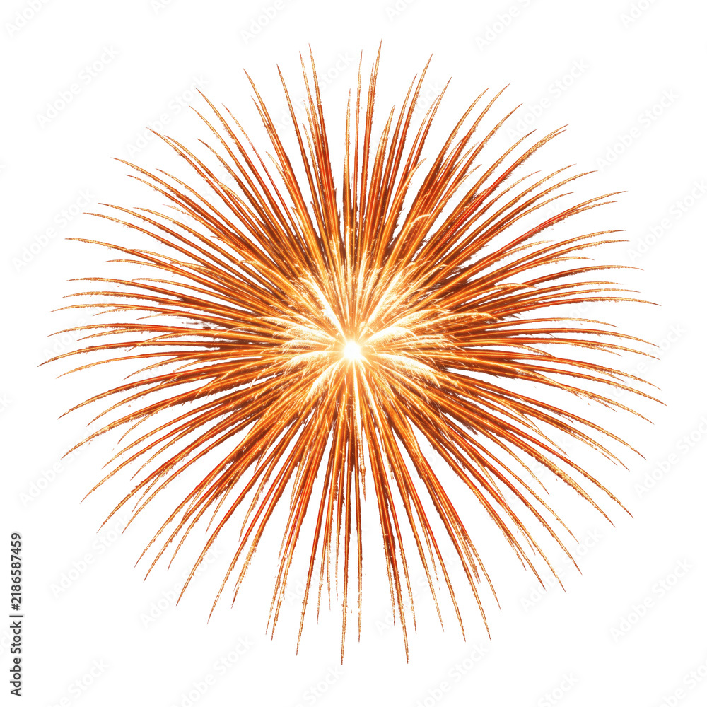 Obraz premium A firework bursts outward from a bright central point with long slender trails forming a round radiant spray. The fine streaks radiate evenly around the bright center on a transparent background.