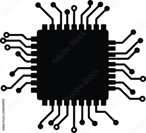 Silhouette central computer processing unit chip with intricate circuit connection lines Vector