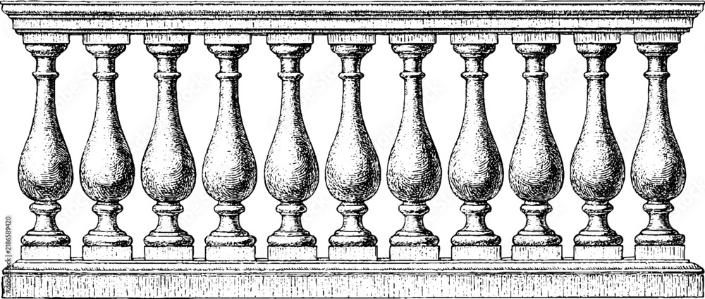 Obraz premium Antique engraved balustrade drawing isolated on white background for architectural ornamentation and classical design background for restoration