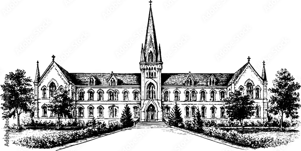 Obraz premium Antique engraved hospital building with gothic architecture isolated on white background for historical poster banner background and institutional design