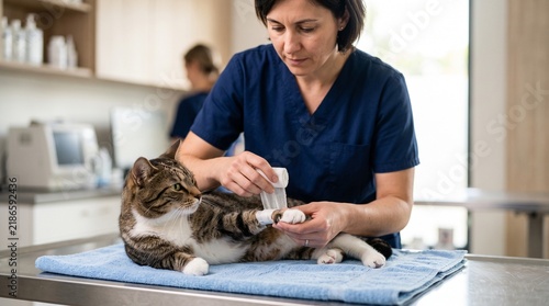 Fototapeta veterinarian treating cat paw
