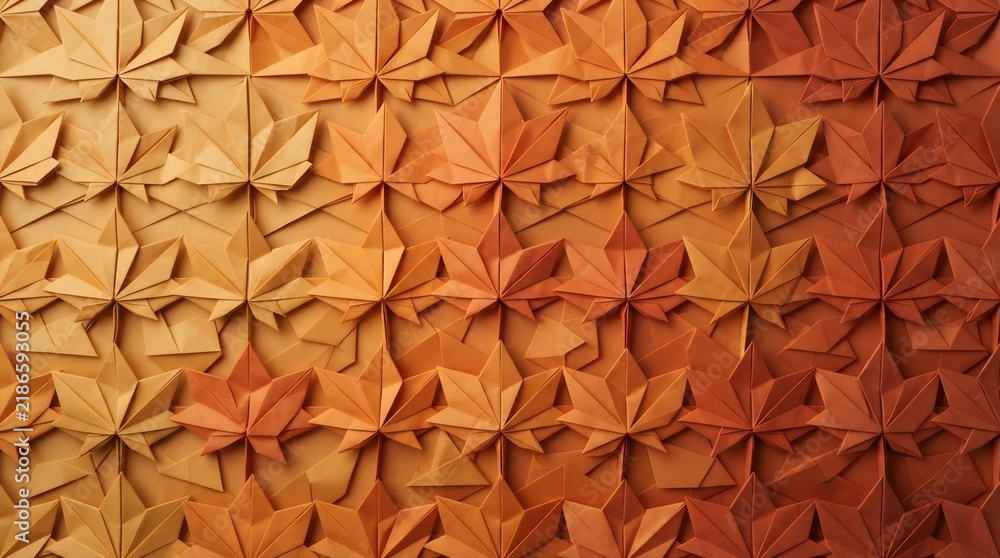 Fototapeta premium Origami autumn leaves tessellation pattern, folded paper maple leaf texture, warm seasonal gradient background for fall and Thanksgiving designs.