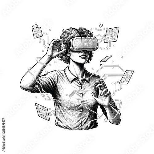1851. Woman Wearing Virtual Reality Headset Vintage Technology Illustration