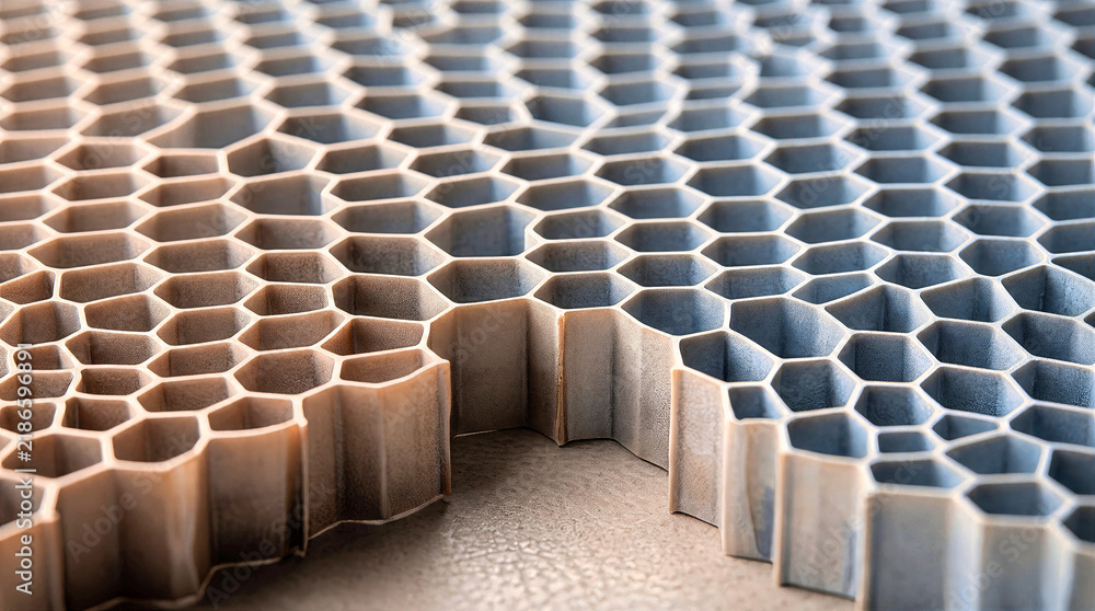 Obraz premium Hexagonal honeycomb cell grid pattern in close-up macro view. Grey matte surface texture featuring a cutaway section, geometric symmetry, depth of field and modern structural abstract design