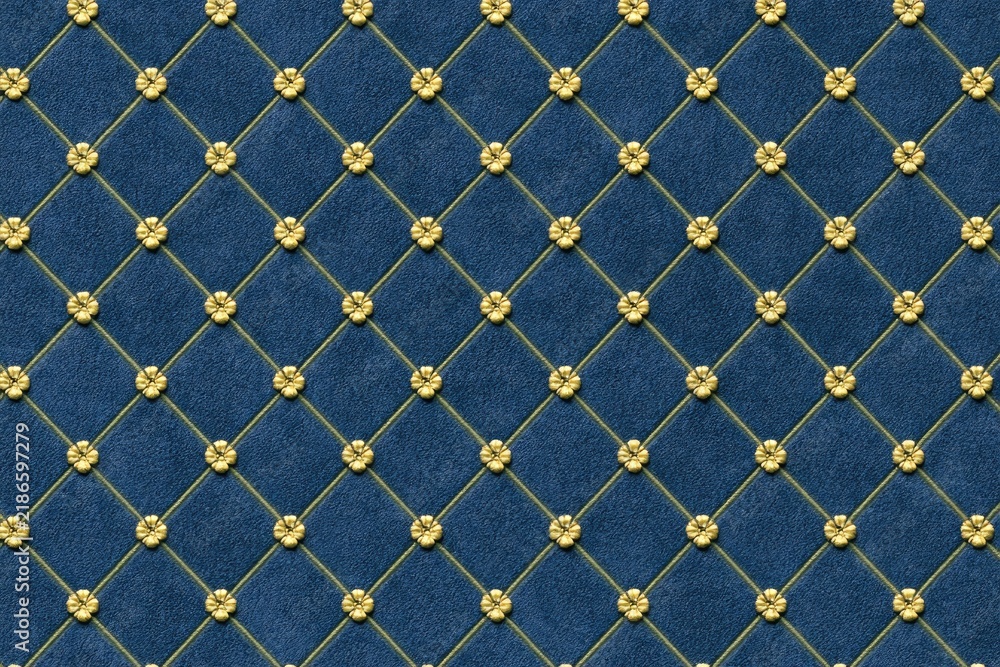 Fototapeta premium Deep blue quilted texture with a repeating diamond pattern of gold dots