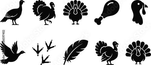 Thanksgiving Turkey Silhouette Collection Featuring Wild Turkeys Roast Turkey Flying Birds Feathers and Festive Holiday Elements