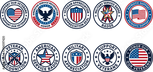 Veterans Day Patriotic Badge Collection Featuring American Flags Military Stars Veteran Recognition Service Appreciation and Honor Emblems