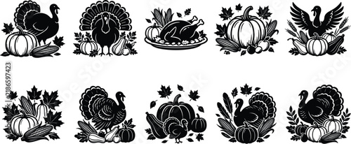 Thanksgiving Harvest Illustration Collection Featuring Turkeys Pumpkins Autumn Leaves Cornucopia and Decorative Seasonal Foliage Arrangements