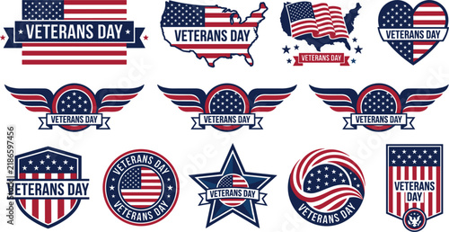 Veterans Day Patriotic Emblem Collection Featuring American Flags Shields Stars Wings and Military Service Recognition Designs