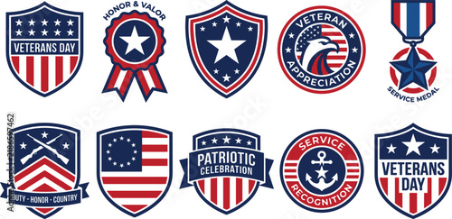 Veterans Day Patriotic Badge Collection Featuring Military Shields Stars Medals Ribbons American Flags and Service Recognition Emblems