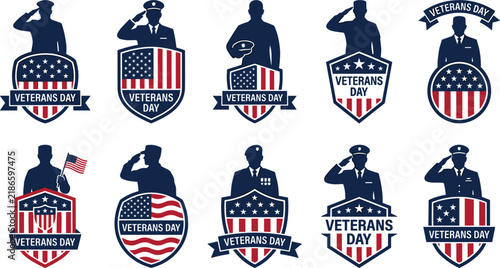 Veterans Day Patriotic Emblem Collection Featuring Saluting Soldiers American Flags Shields Stars and Military Service Recognition Designs