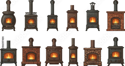 Vintage Wood Burning Stove Collection Featuring Rustic Fireplaces Cast Iron Heaters Chimneys Brick Stoves and Cozy Winter Heating