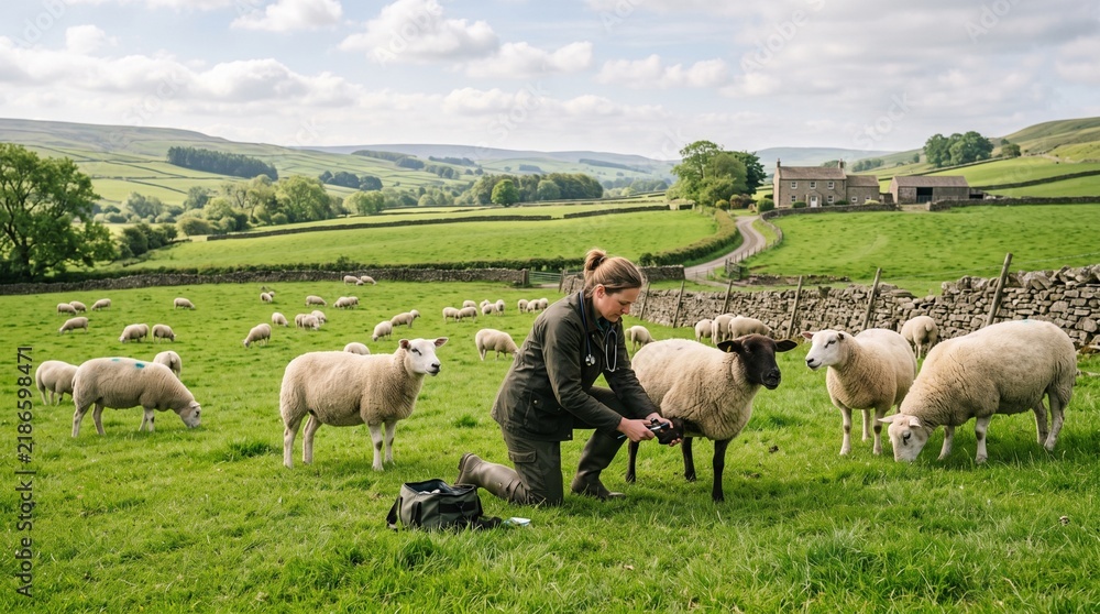 Fototapeta premium veterinarian performing sheep herd health check
