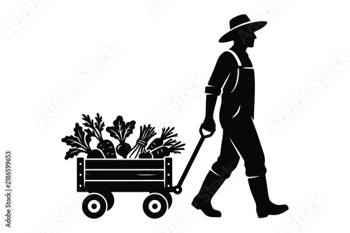Farmer pulling a wooden wagon filled with freshly harvested garden vegetables