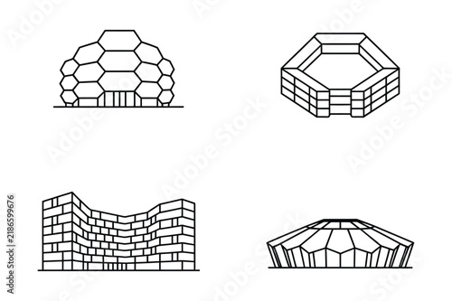 Set of four geometric building structures and modern architectural forms